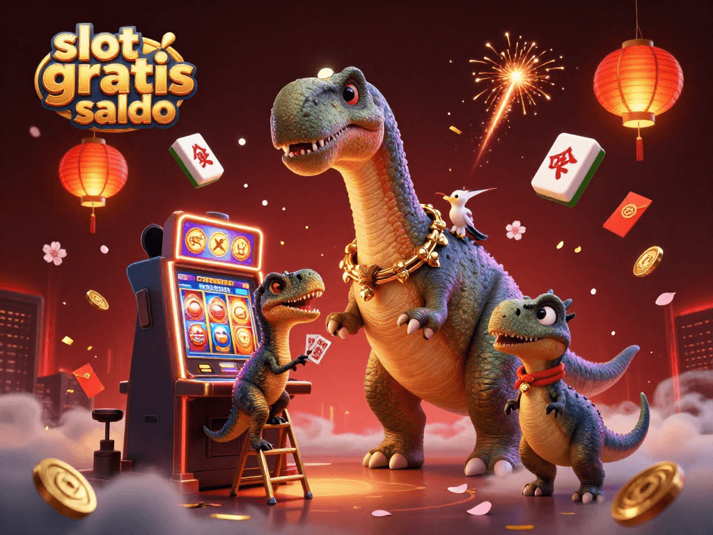 Win big with slot gratis saldo in a vibrant casino setting, featuring a brontosaurus and a raptor!