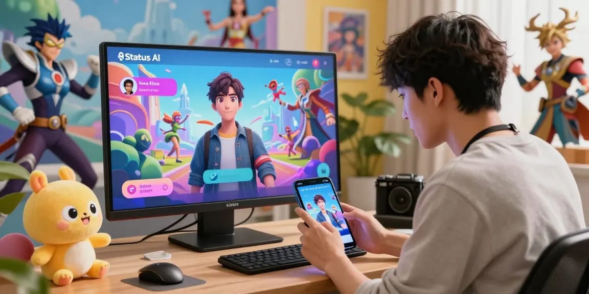 User engaging with avatar in vibrant Status AI virtual social scene, showcasing popular fictional characters and lively interactions.