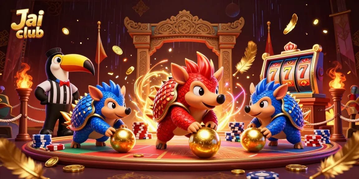 Jai club offers an exhilarating gaming experience with vibrant pangolins amidst exciting slot games and casino elements.