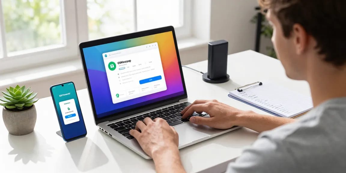 Tech-savvy individual downloading GBWhatsApp APK on a laptop, showcasing vibrant app features.
