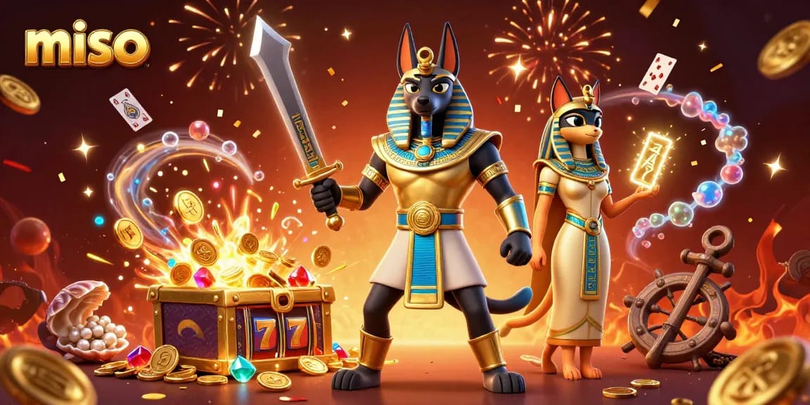 Miso slot game illustration featuring 3D characters Anubis and Bastet amid gold coins and vibrant treasures.