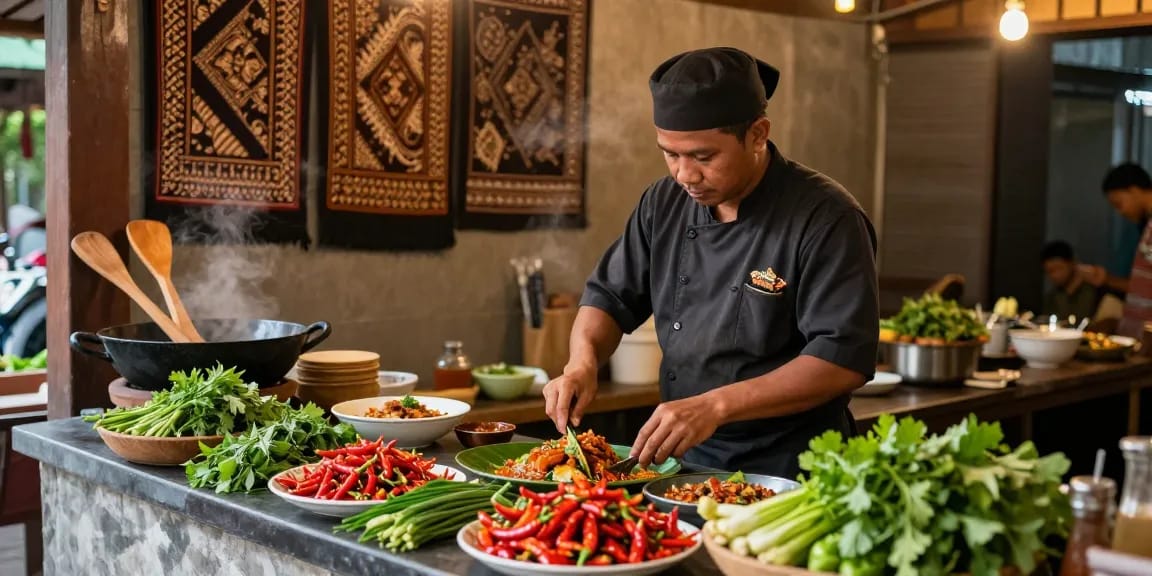 Persiapan masakan di Warung225 dengan koki lokal sedang memasak hidangan tradisional.