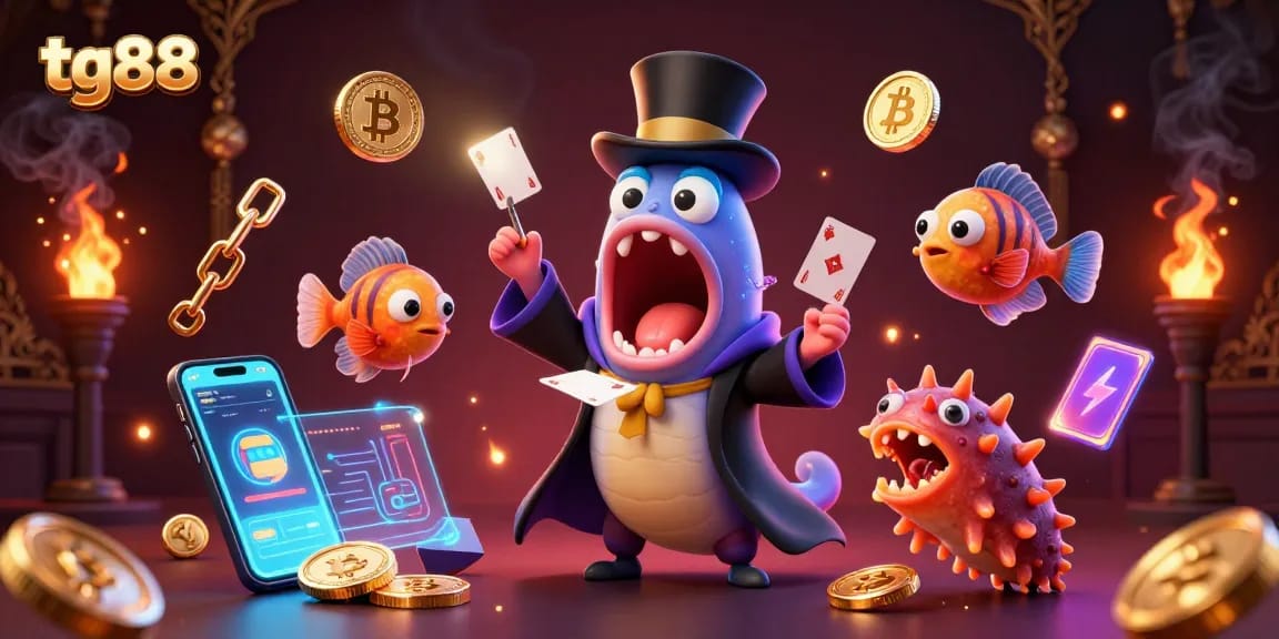 Engage with tg88's vibrant casino magic, featuring unique characters and crypto elements in a lively 3D scene.