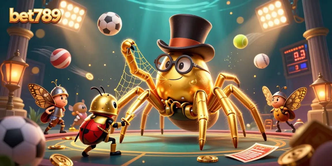 Engage with bet789's thrilling gaming experience showcasing a golden tarantula weaving between casino pillars.