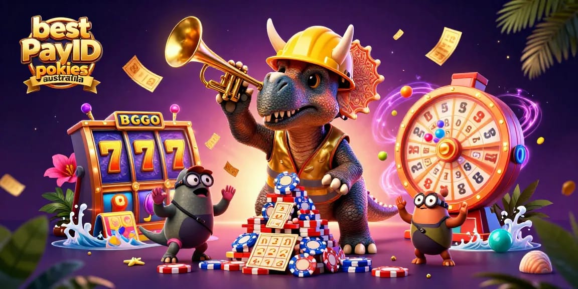 Play exciting pokies action with the best PayID pokies Australia featuring vibrant characters and game elements.