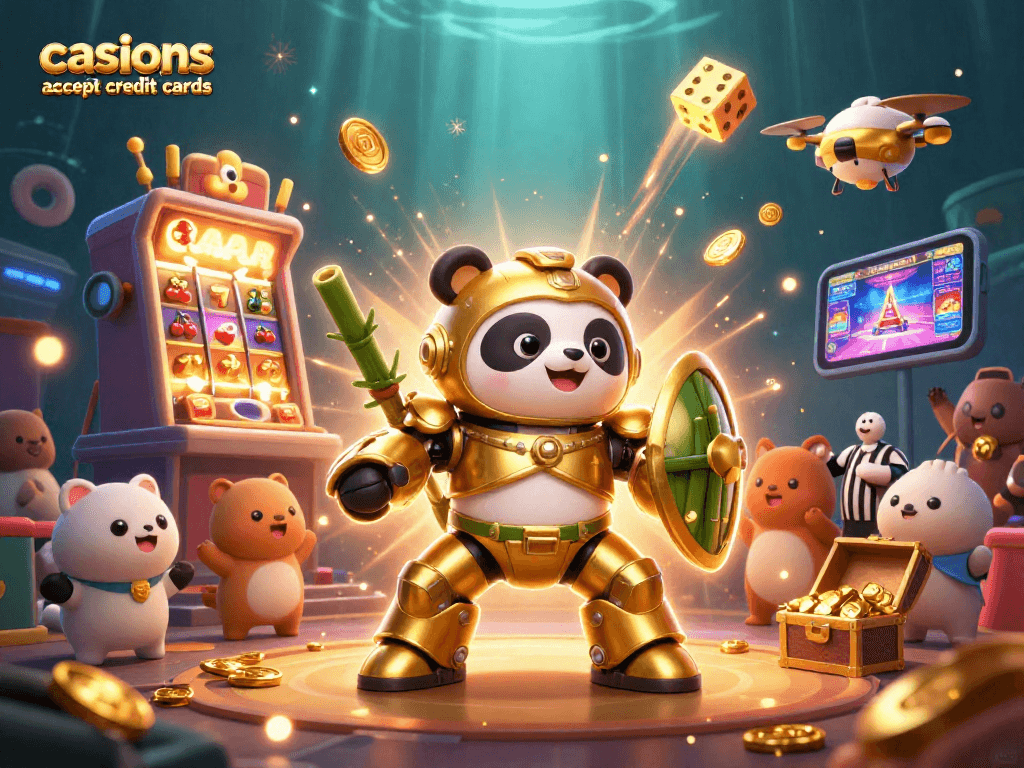 Experience excitement at casinos that accept credit cards with a vibrant 3D scene featuring dynamic game elements and characters.