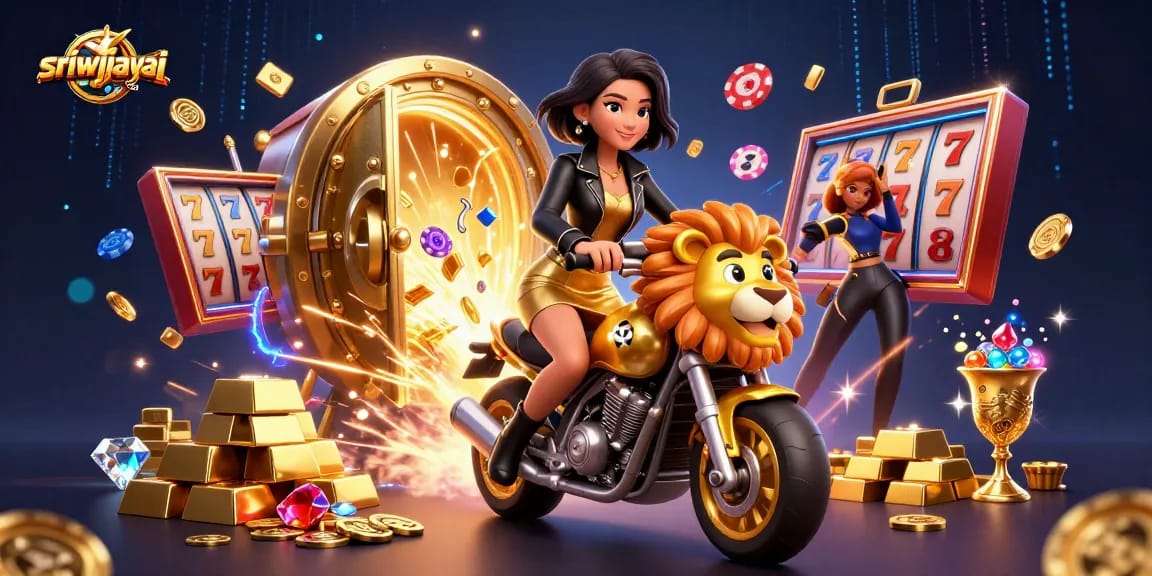 Sriwijayatoto showcases exciting slot action with a glamorous character on a lion mascot.
