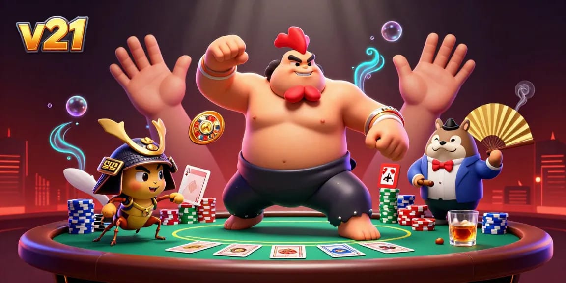 v21 memperlihatkan ilustrasi kasino yang penuh aksi dengan karakter unik dan elemen permainan poker