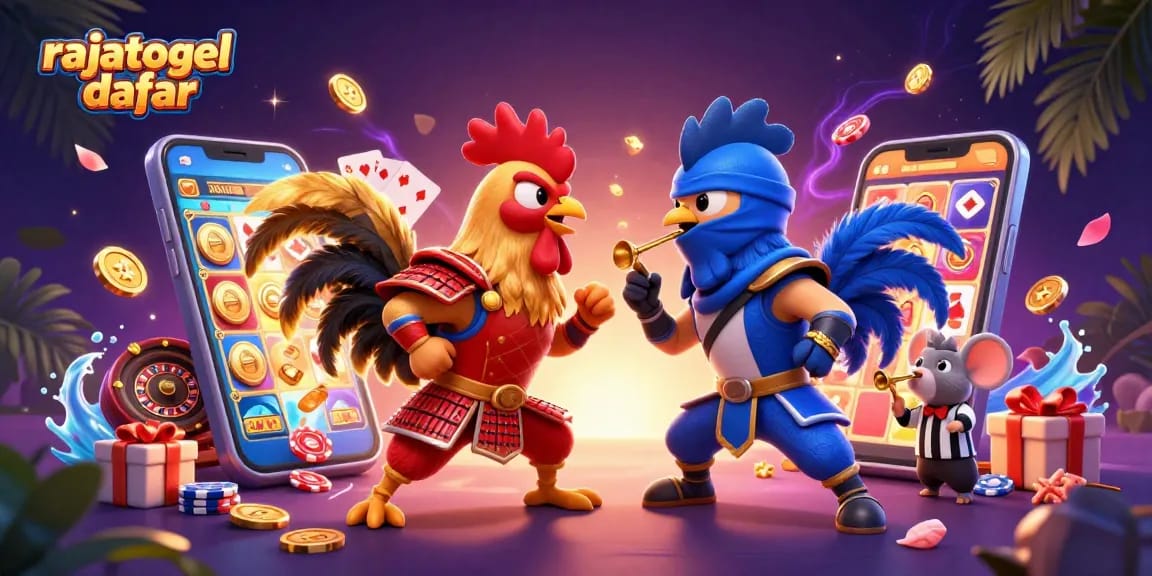 Engage with the dynamic scene of rajatogel daftar featuring samurai and ninja roosters among vibrant casino elements.