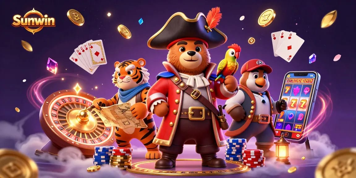 Experience thrilling games with Sunwin in an exciting 3D casino adventure illustration.