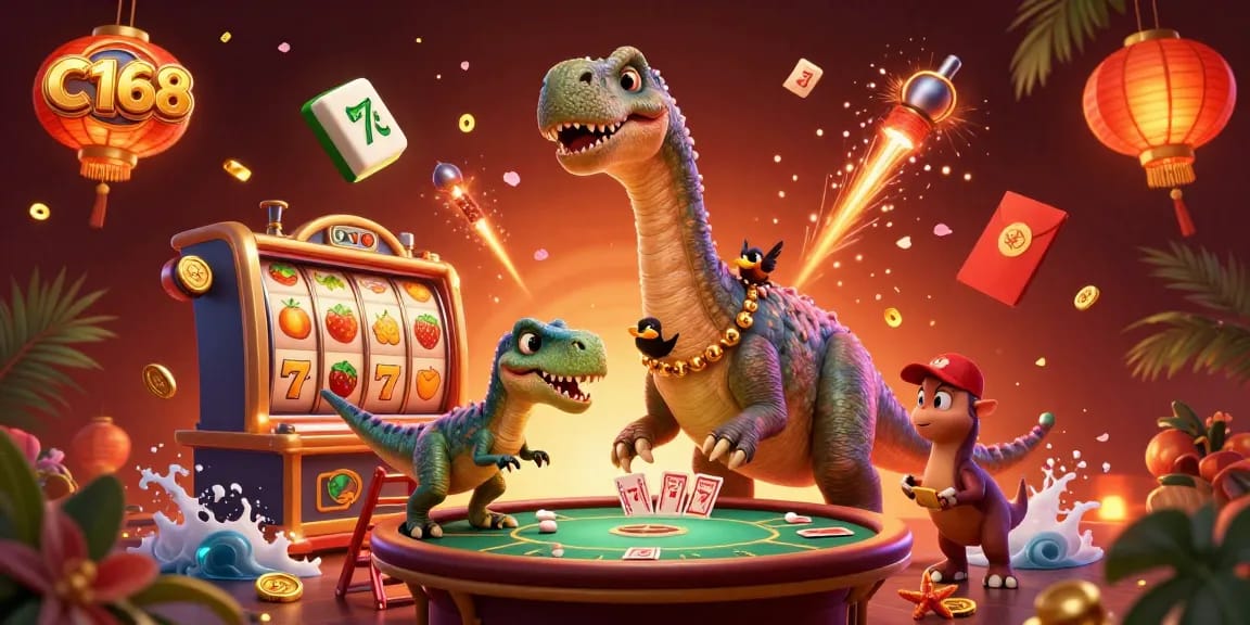 C168 casino scene with a giant brontosaurus and a raptor dealer, showcasing vibrant slot game elements.