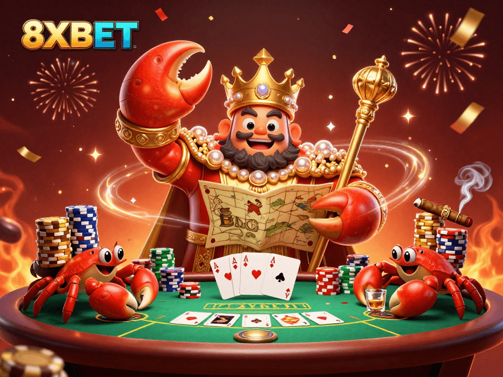 Engage with 8XBET's lively casino scene featuring a crab emperor, poker elements, and festive details.