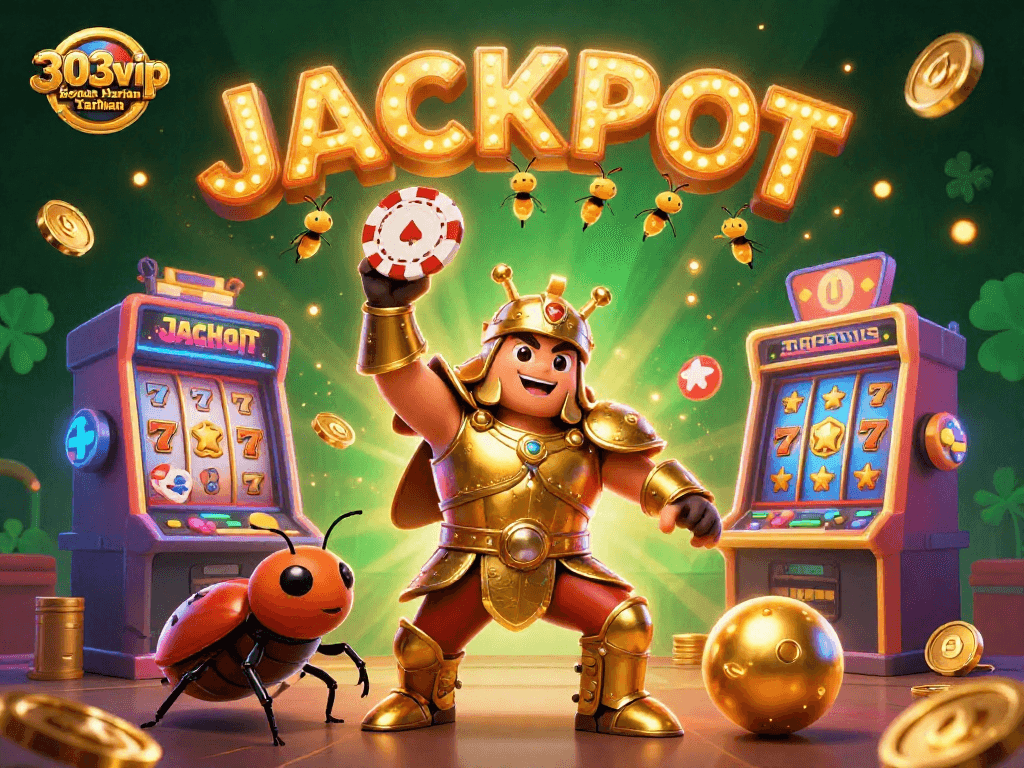 Engage with 303vip Bonus Harian Taruhan in this vibrant 3D casino-themed illustration.