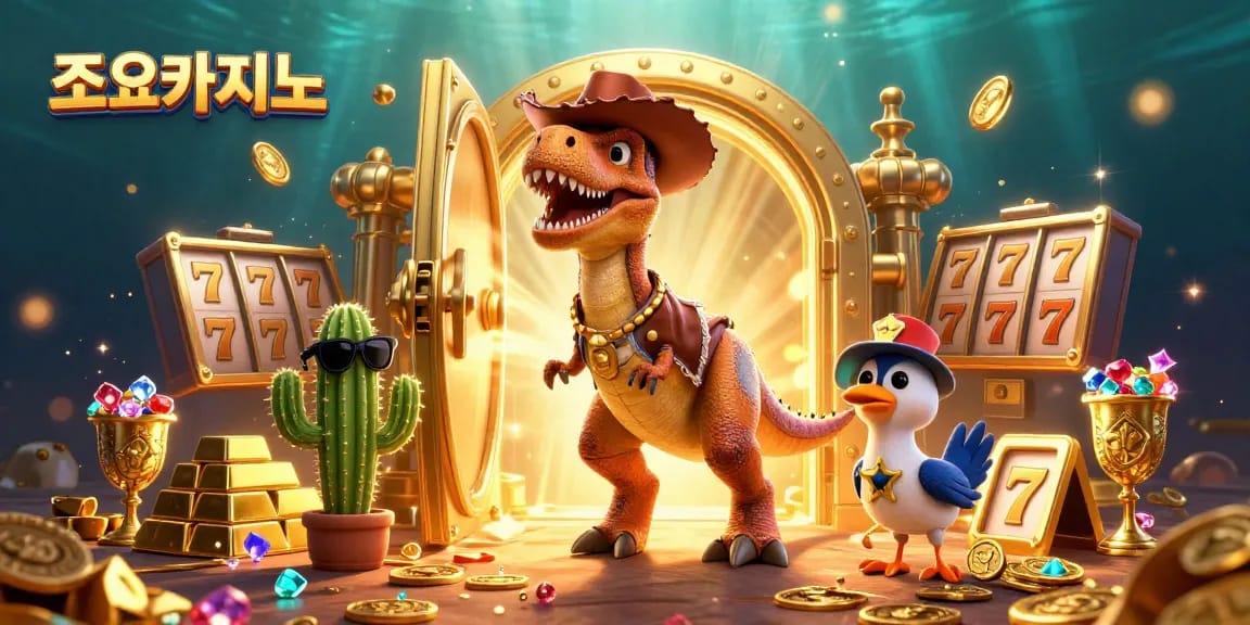 Experience high-stakes action at 조이카지노 with T-Rex cowboy and treasures in a vibrant casino scene.