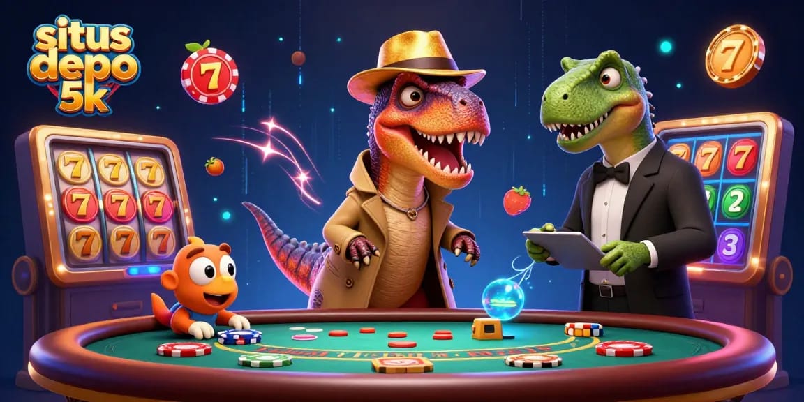 Play slots at situs depo 5k with 3D characters engaging in a vibrant casino scene.