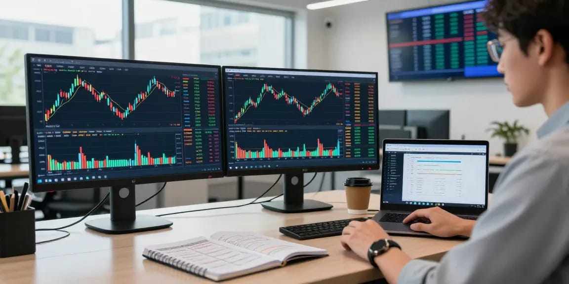 Trader mengamati analisis pasar real-time dengan kakakjudi di meja modern.
