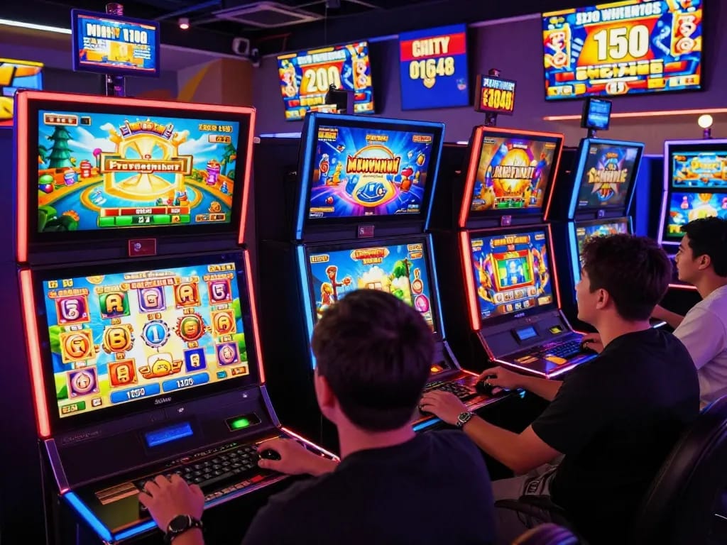 Pemain menikmati permainan slot online situs gacor dengan grafik berwarna-warni dan suasana yang ramai.