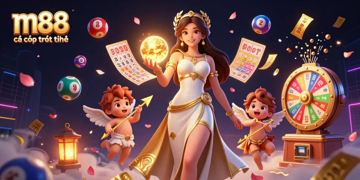 Minh họa M88 cá cược trực tuyến thể hiện một người phụ nữ huyền bí với quả cầu phát sáng, các yếu tố xổ số vàng và thiên thần Cupid cho trò chơi hấp dẫn.