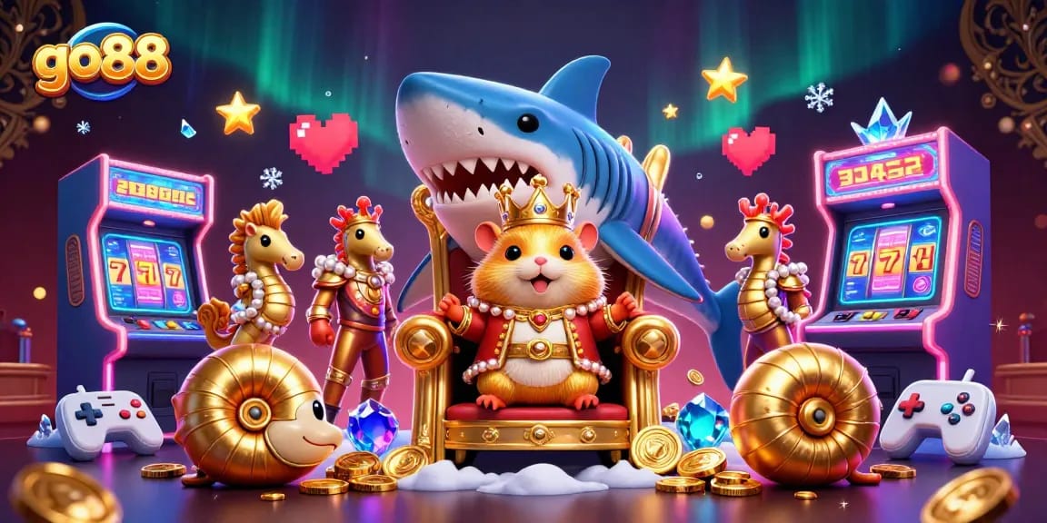 Engage with go88's vibrant gaming universe; see the golden hamster king ruling over dynamic casino elements.
