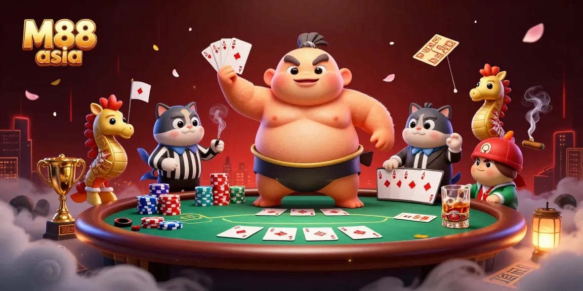Bettors enjoy M88 asia as a fugu, referee catfish, and seahorse spectators create an exciting underwater poker scene.