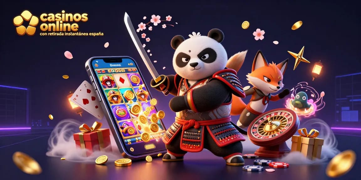 Engage with casinos online con retirada instantánea españa showcasing a samurai panda and ninja fox amidst vibrant gambling elements.
