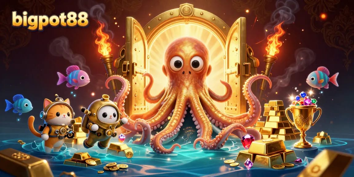 Engage with bigpot88's treasure-themed gaming world featuring golden kraken, diving cat, and shimmering gems.