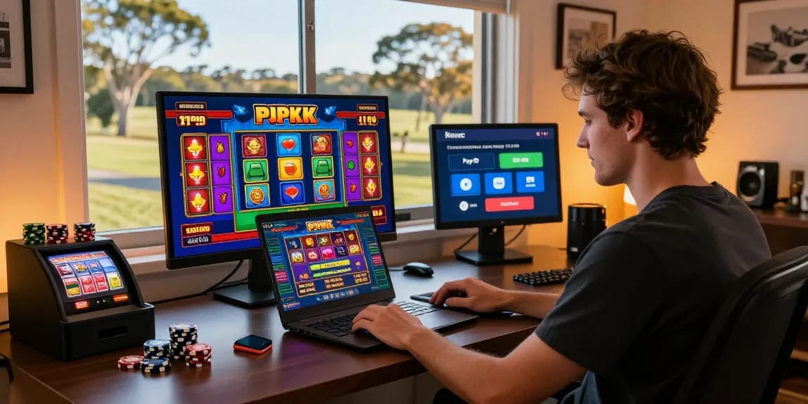 Engaged Australian player enjoying online casinos Australia with vivid game graphics and vibrant atmosphere.