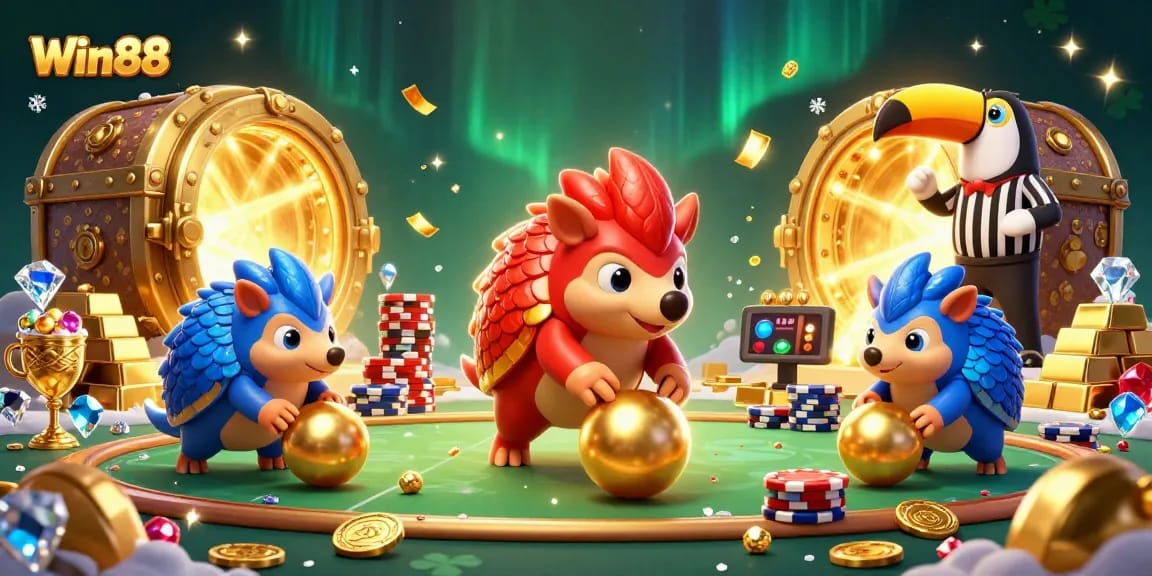 Win88 pangolins competing in a casino scene with poker chips and treasure in 3D illustration.