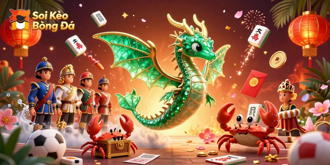 Soi Kèo Bóng Đá showcases a vibrant 3D scene with sports betting elements and a whimsical sea dragon.