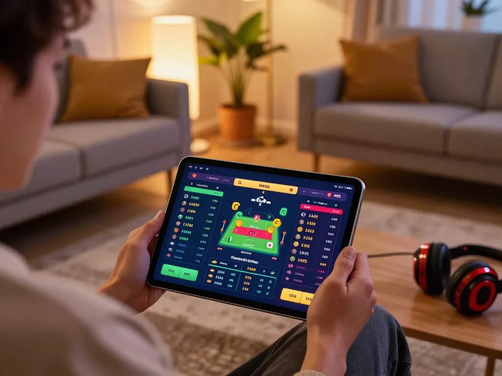 Engaging in sports betting on zx88 platform, showcasing interactive tablet with betting options.
