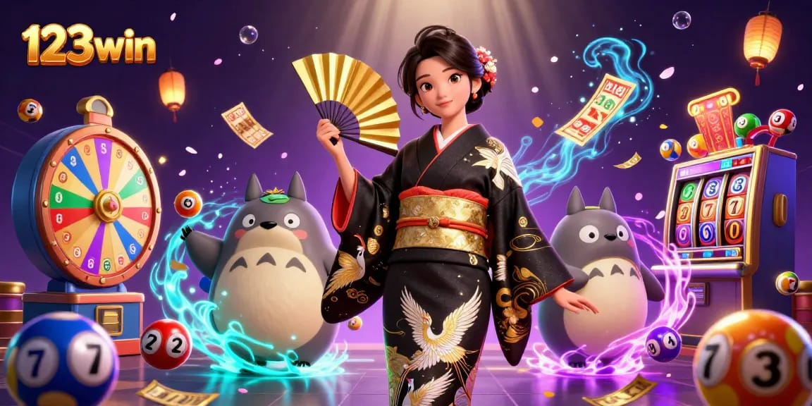 Experience excitement at 123win with a vibrant illustration of games, coins, and festive elements.