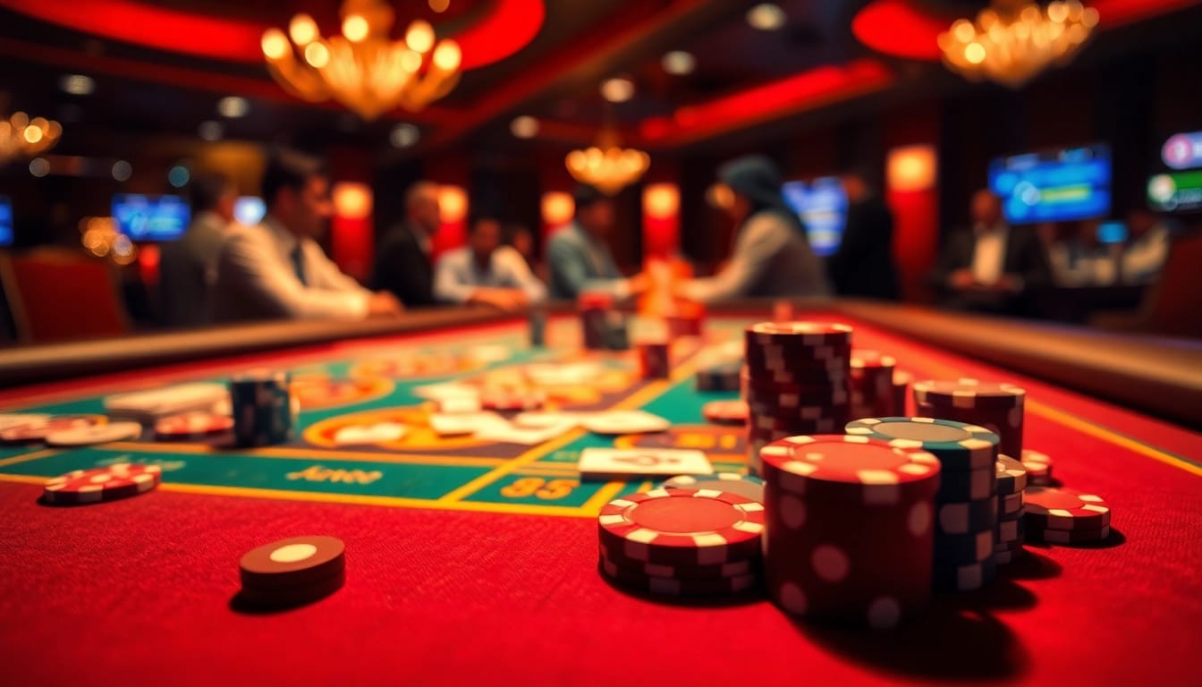 Togel389 pemain menikmat permainan di kasino dengan meja berwarna-warni dan suasana yang meriah.