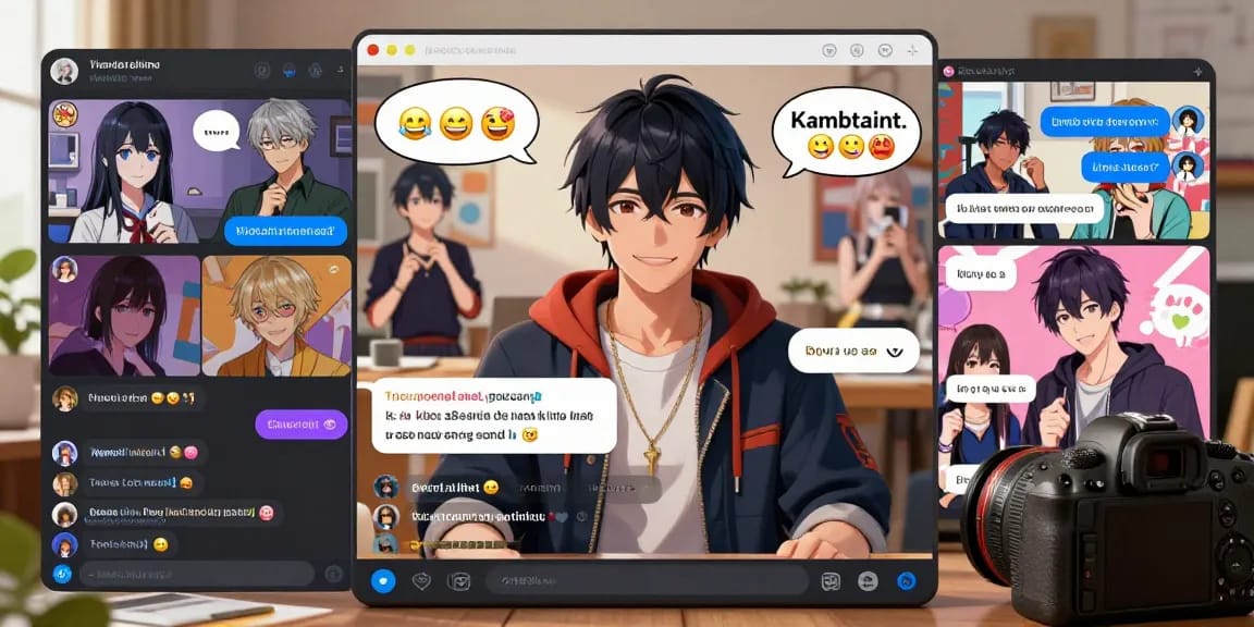 Engaging scene depicting Hentai chat AI characters in a lively digital chat room, showcasing dynamic conversations and anime culture.
