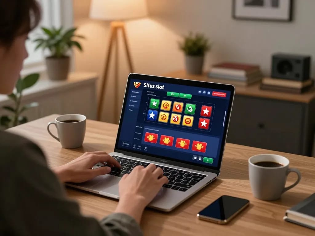 Exciting gameplay on situs slot interface in a modern online casino setup, showcasing a comfortable home office.