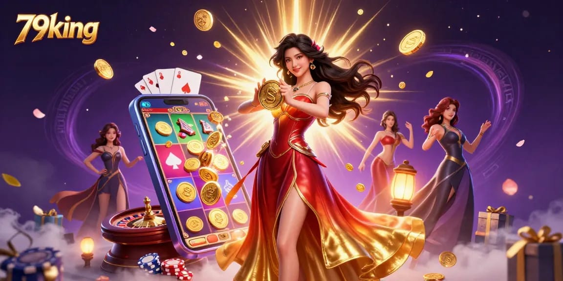 Engage with 79king by enjoying stunning slot games amidst a cascade of golden coins and vibrant colors.