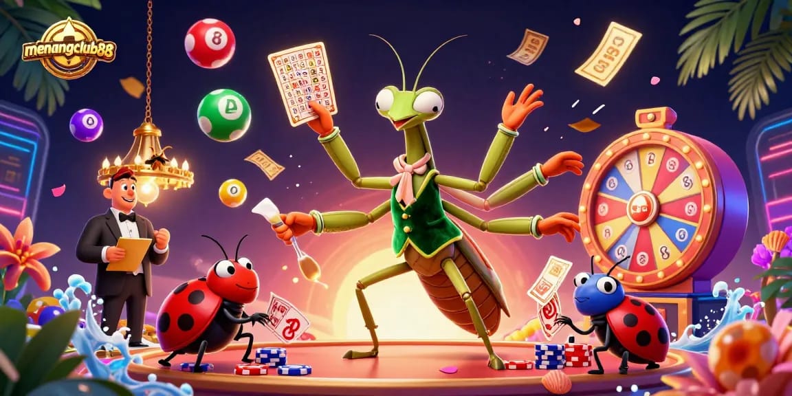 Win big with menangclub88 as characters deal cards and spin wheels in this vibrant casino scene.