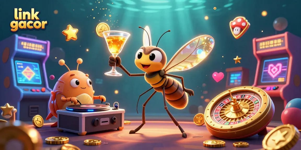Join the excitement with link gacor as a frozen-in-amber mosquito mascot and friends in a vibrant casino scene.