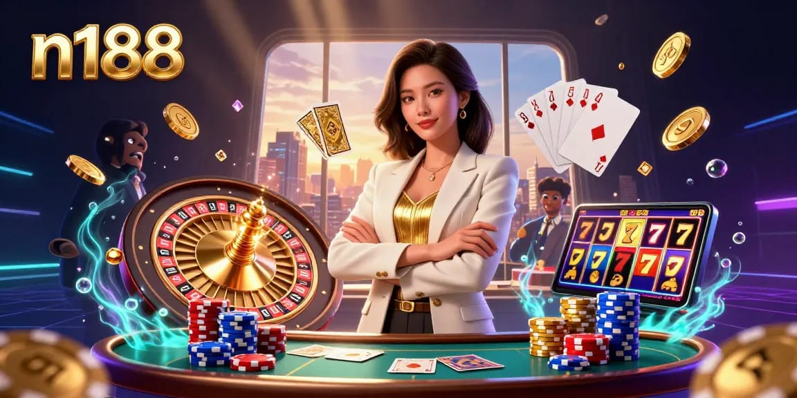 Experience the excitement of n188 casino with dynamic gambling elements and a glamorous Asian hostess.