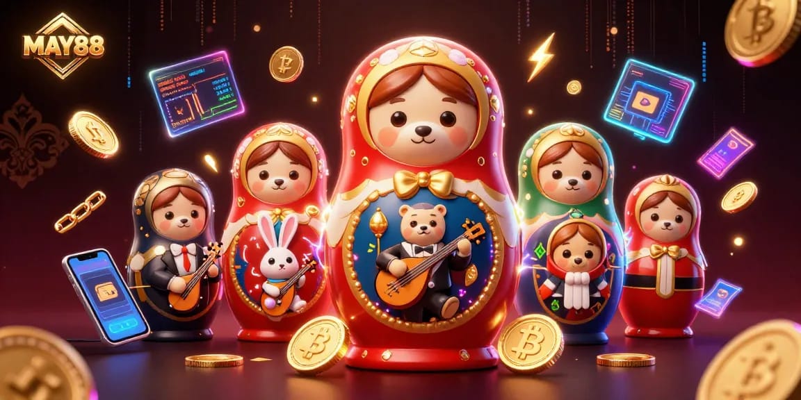 MAY88 showcases vibrant casino energy with adorable cartoon characters and cryptocurrency elements.