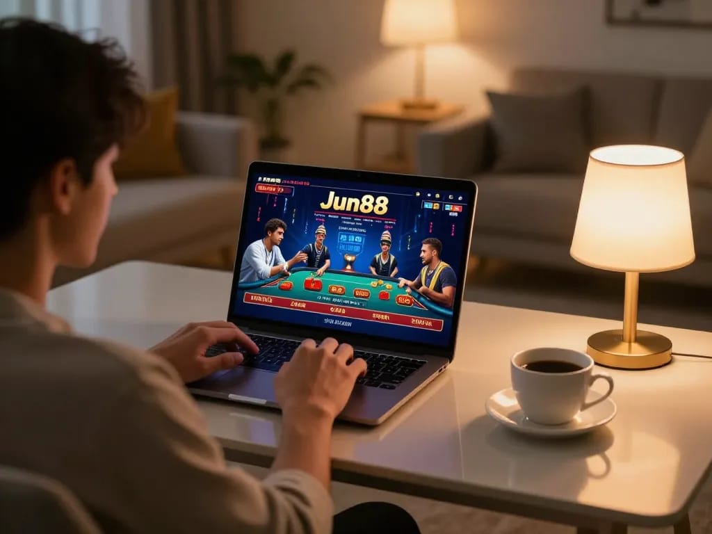 Players engaging with Jun88's online casino interface while relaxing at home.