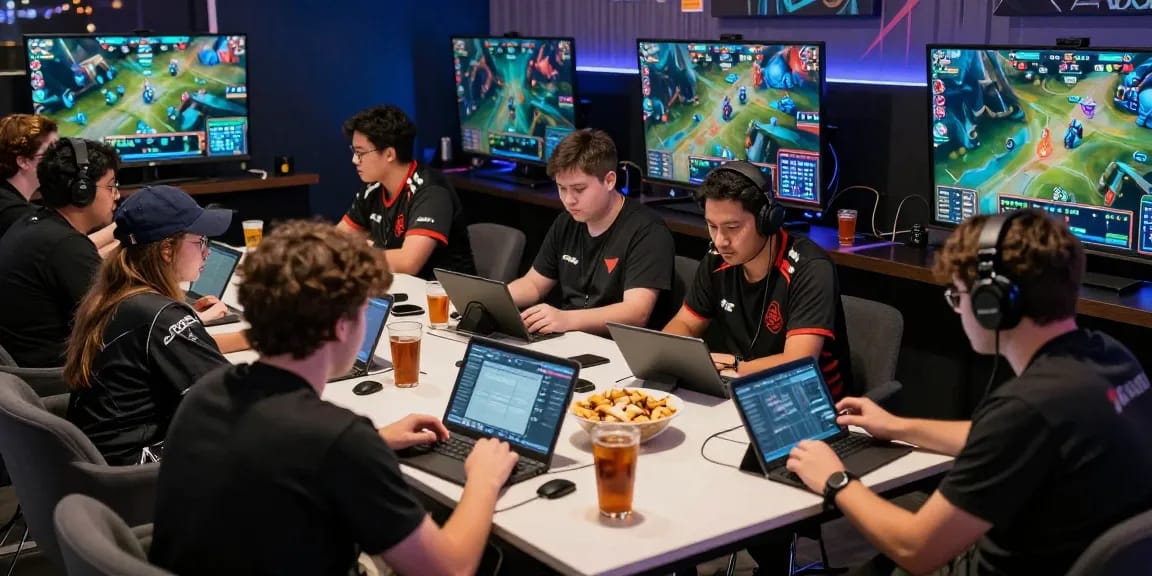 esportspro community engaging in a lively esports betting discussion in a modern gaming lounge.