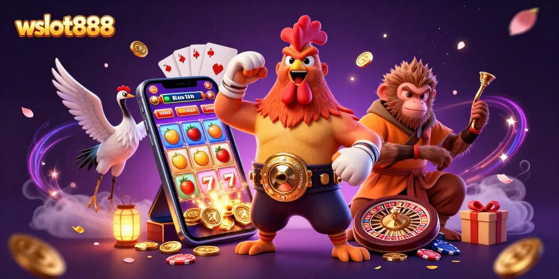 Gambarkan suasana permainan wslot888 dengan ayam Muay Thai, monyet Shaolin, dan crane, dikelilingi elemen slot yang mengagumkan.