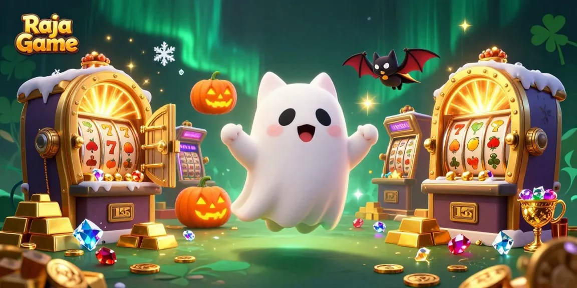 Experience exciting action on Raja Game with a ghost cat, slot machines, and glowing jack-o-lanterns.