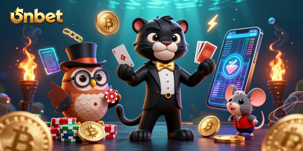 Engage with onbet as a stylish panther and owl deal cards in a vibrant casino scene.