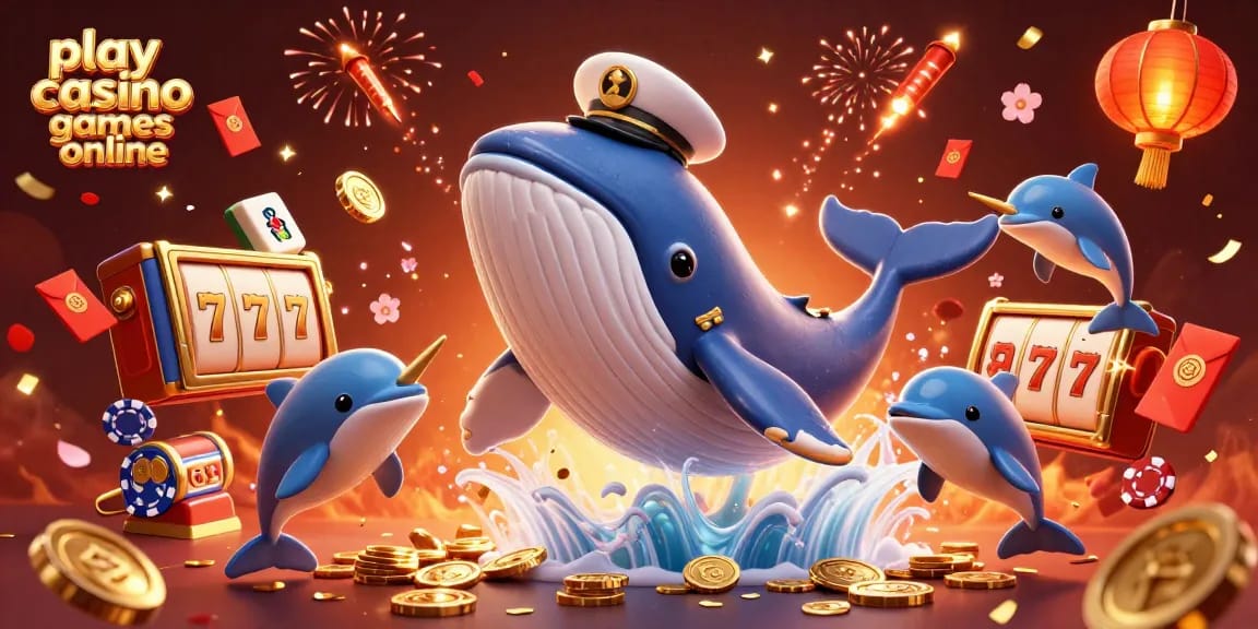 Play casino games online with a festive underwater scene featuring a whale, narwhal, and dolphins.