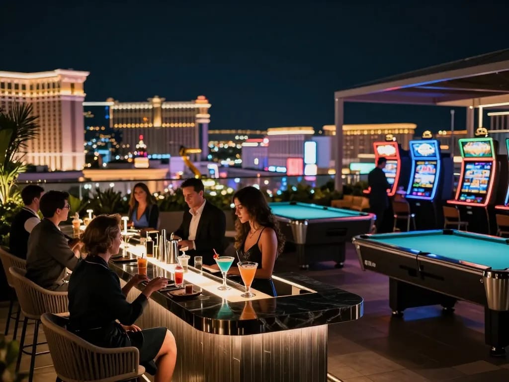 Casinosscope: Vibrant rooftop casino atmosphere at night with guests enjoying cocktails and city lights.