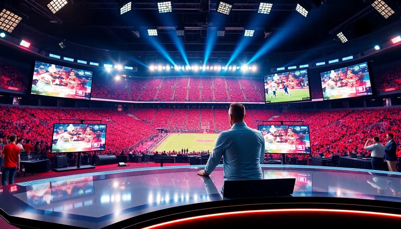Engaging scene of sports broadcasting with a host in a vibrant studio, showcasing Sports Broadcasting.