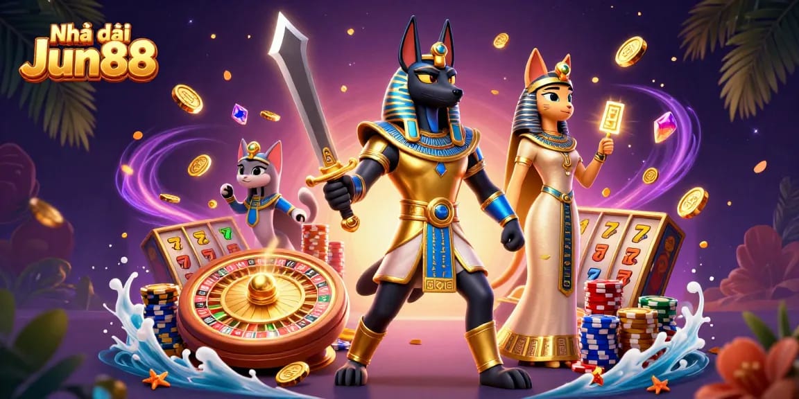 Experience immersive gaming with Nhà cái Jun88 featuring Anubis and Bastet amidst dynamic casino elements.