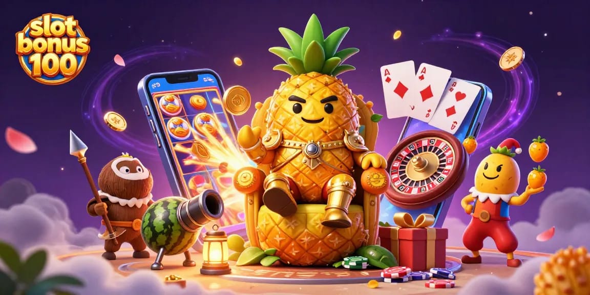 Experience the excitement of slot bonus 100 with a golden pineapple king and lively casino scene.