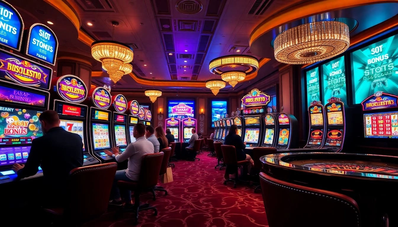 Experience slot bonus excitement with players engaging at luxurious slot machines in a vibrant casino setting.